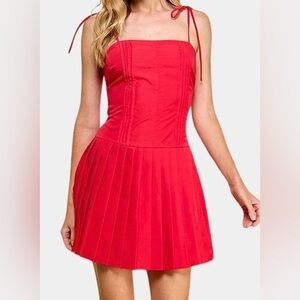 NEW Red Pleated Mini Dress with Spaghetti Straps